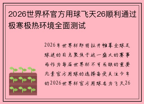 2026世界杯官方用球飞天26顺利通过极寒极热环境全面测试